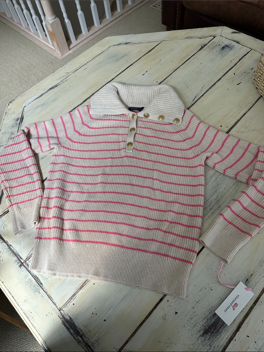 Vineyard Vines Ribbed Button-Collar Sweater Oatmeal Heather Large NWT